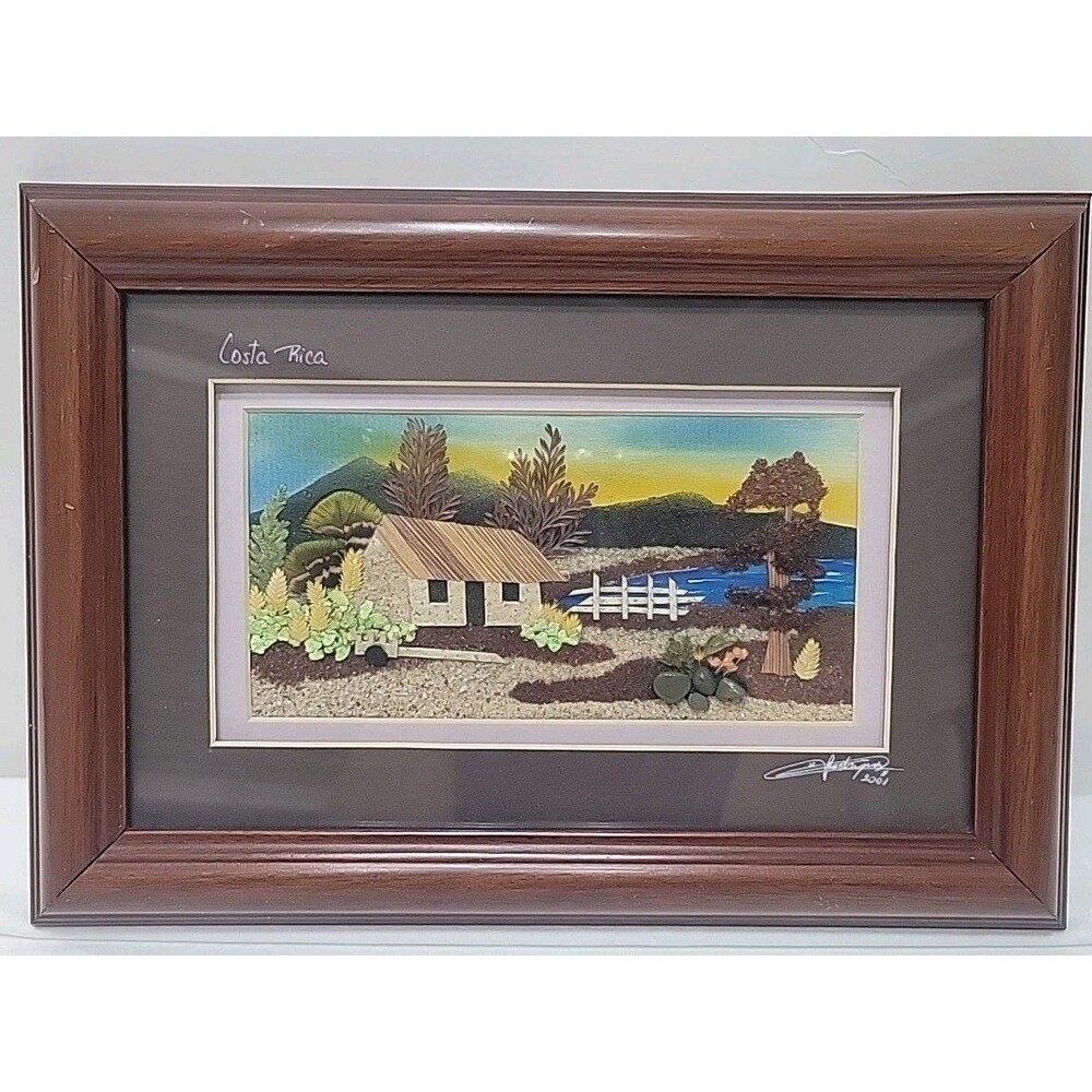 VTG ALAJUELA COSTA RICA ORIG. COLLAGE PAINTING RAFAEL RODRIGUEZ LANDSCAPE FRAMED